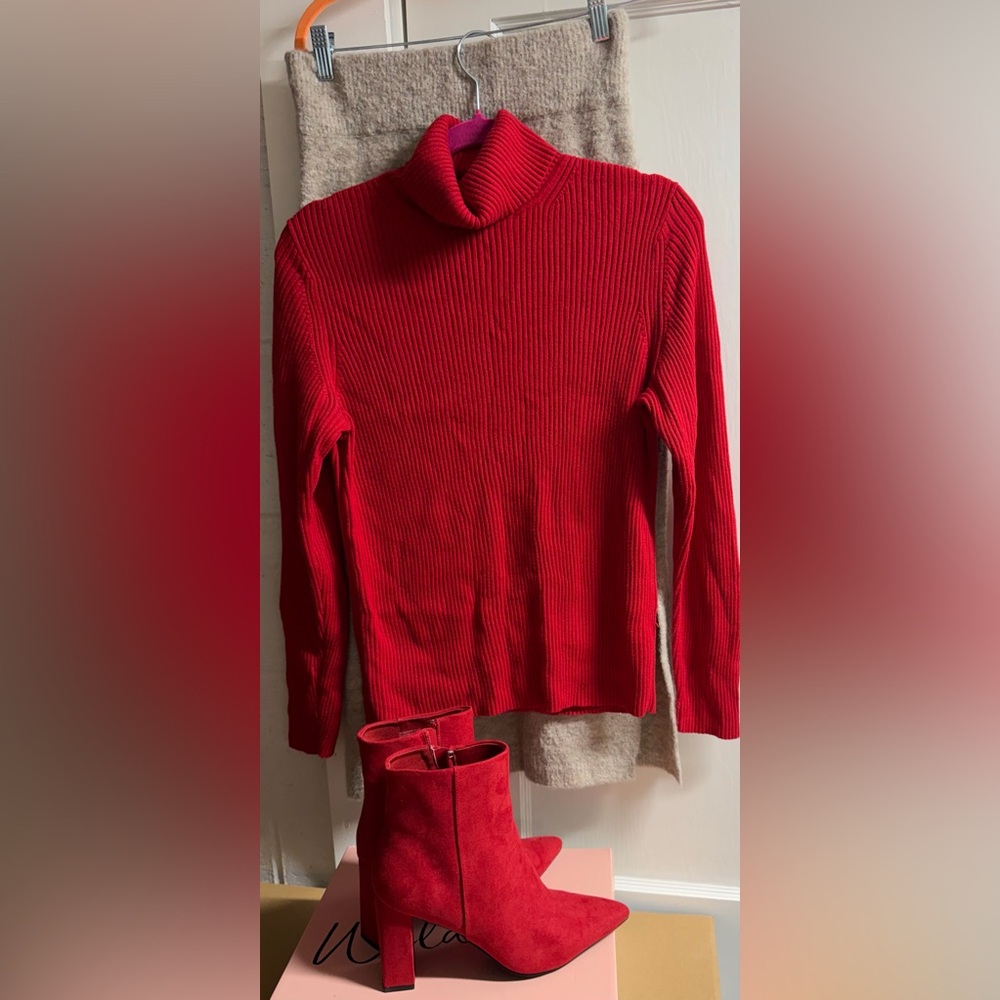 Banana Republic Red turtleneck/cream wool skirt and suede red booties